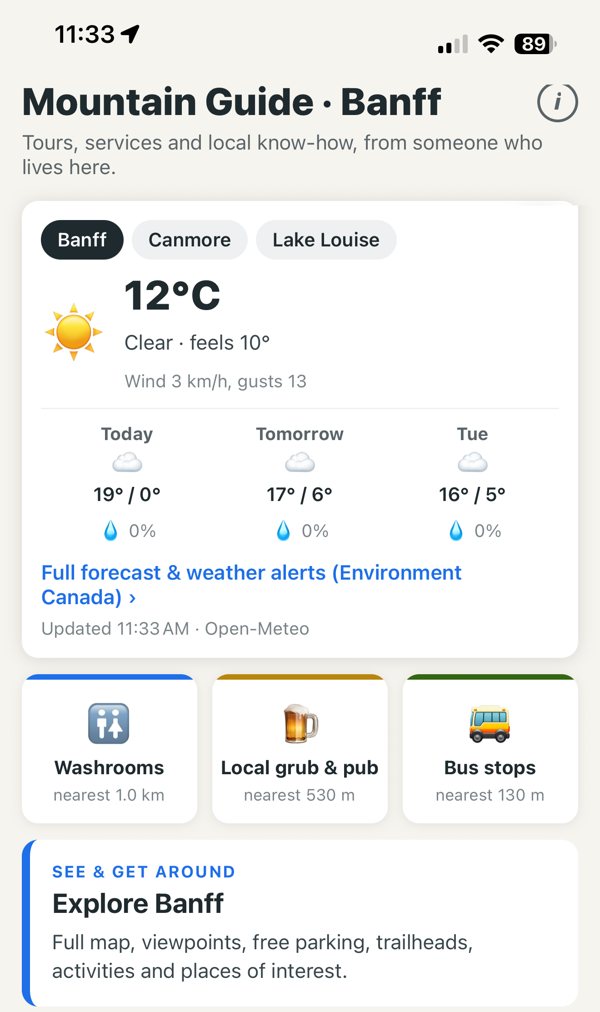 The Mountain Guide Banff app showing live weather, nearest washrooms, pubs and bus stops, and a map of Banff